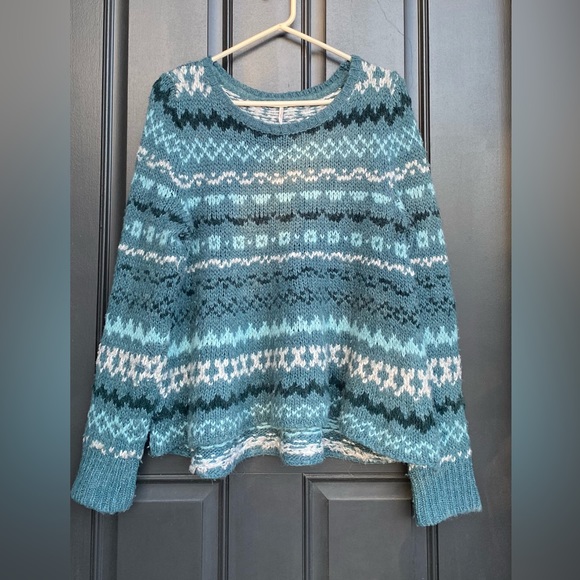 Free People Through the Storm Chunky Knit Blue Fair Isle Sweater, wool blend, L - Picture 15 of 16